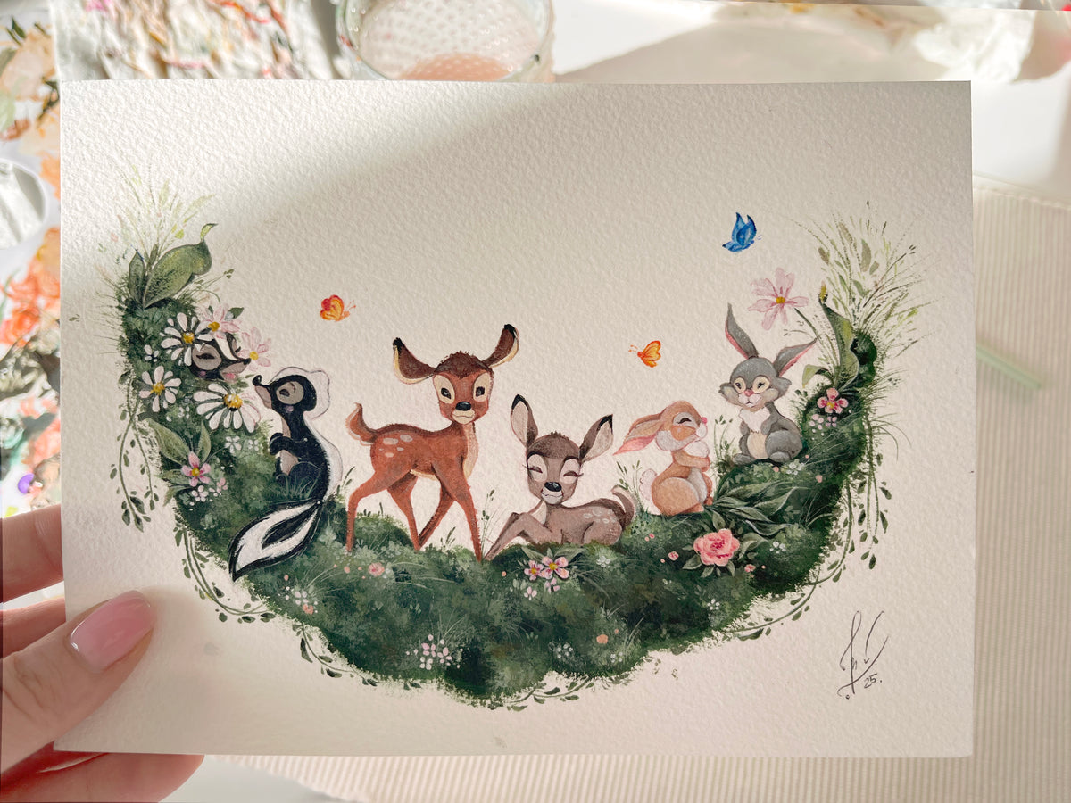 Original Meadow with Bambi & Friends Gouache Painting