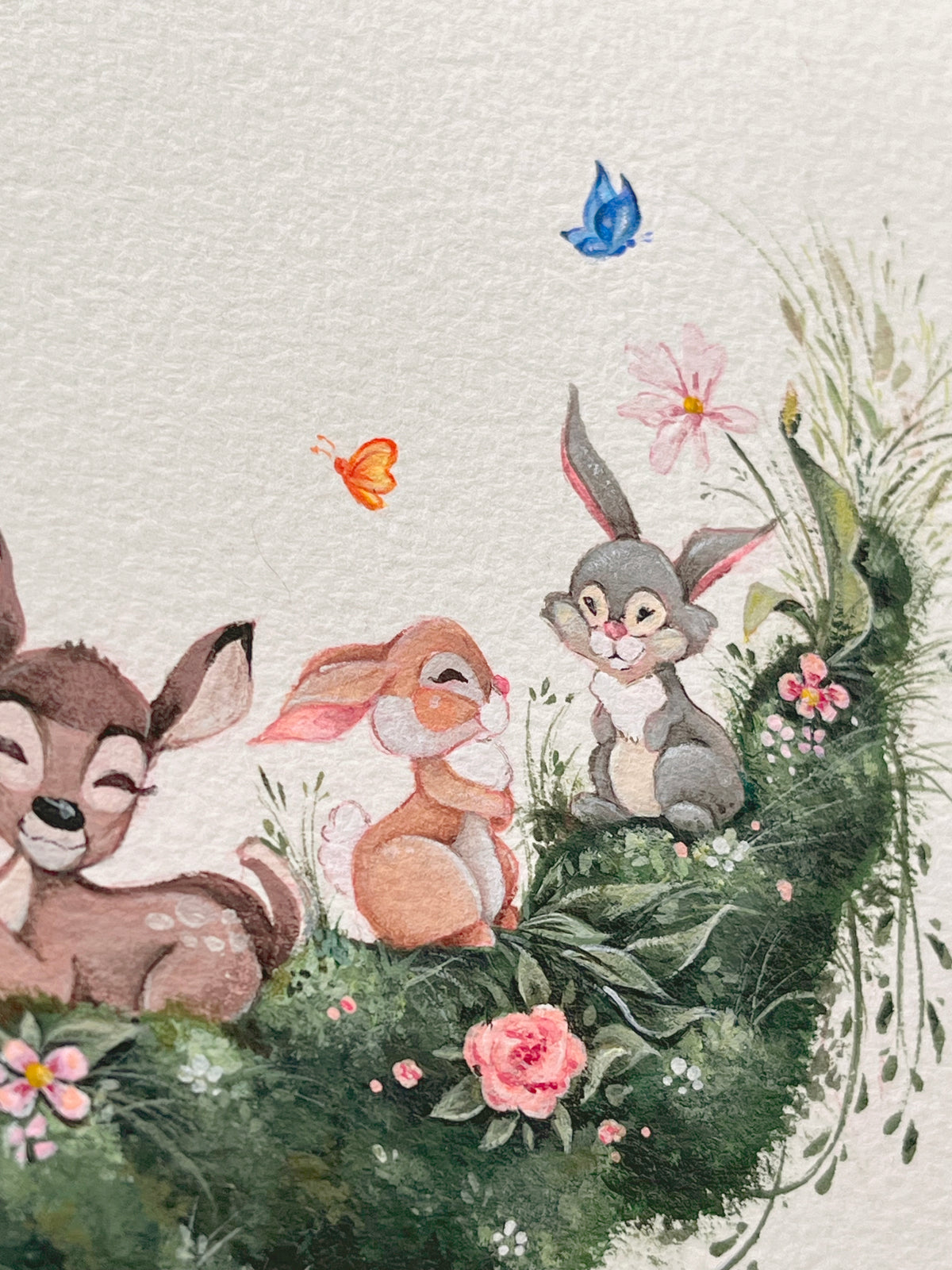 Original Meadow with Bambi & Friends Gouache Painting
