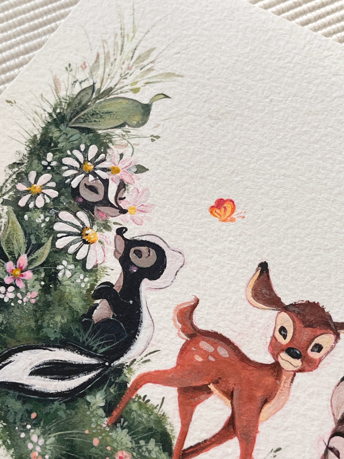 Original Meadow with Bambi & Friends Gouache Painting