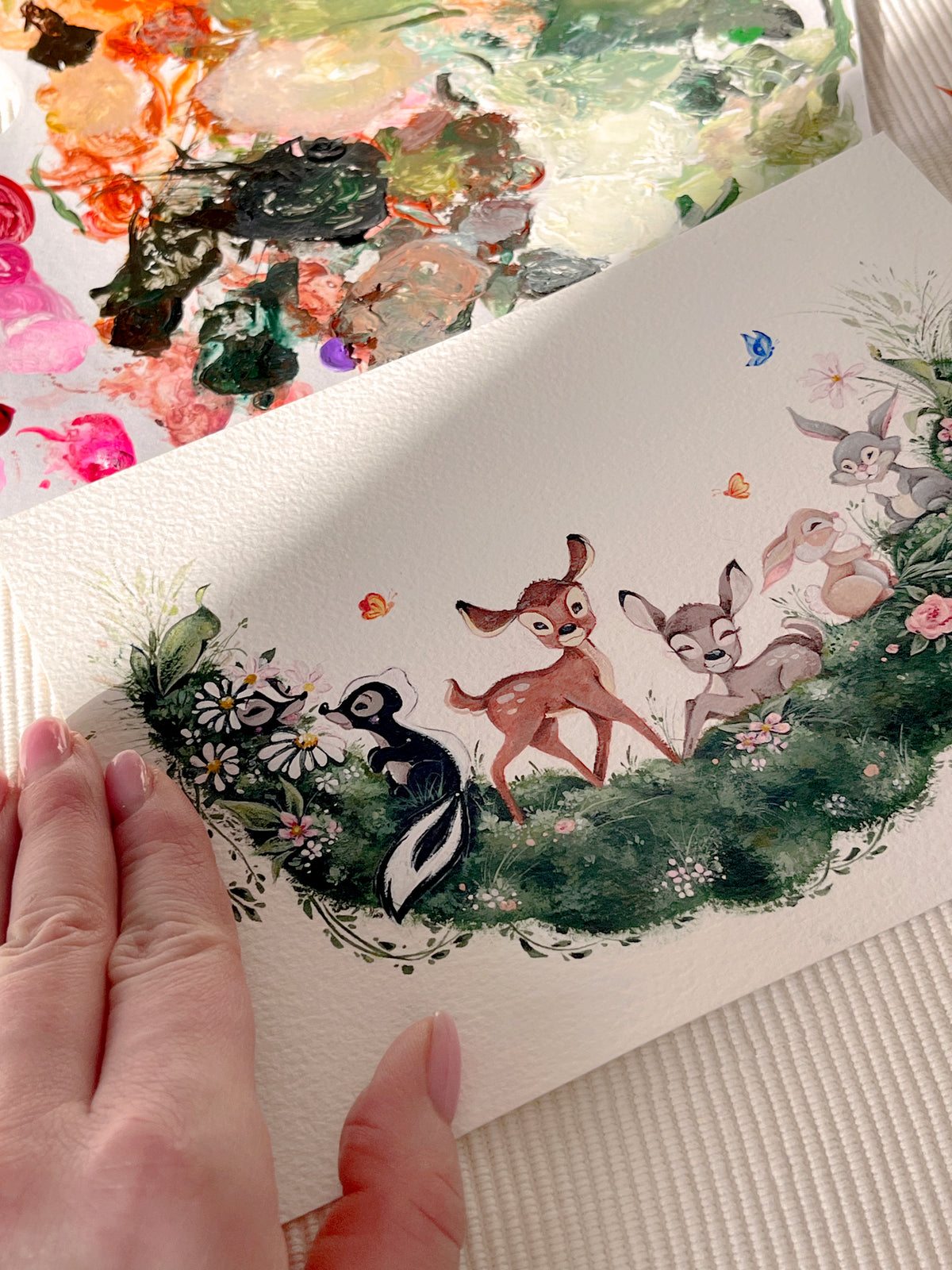 Original Meadow with Bambi & Friends Gouache Painting