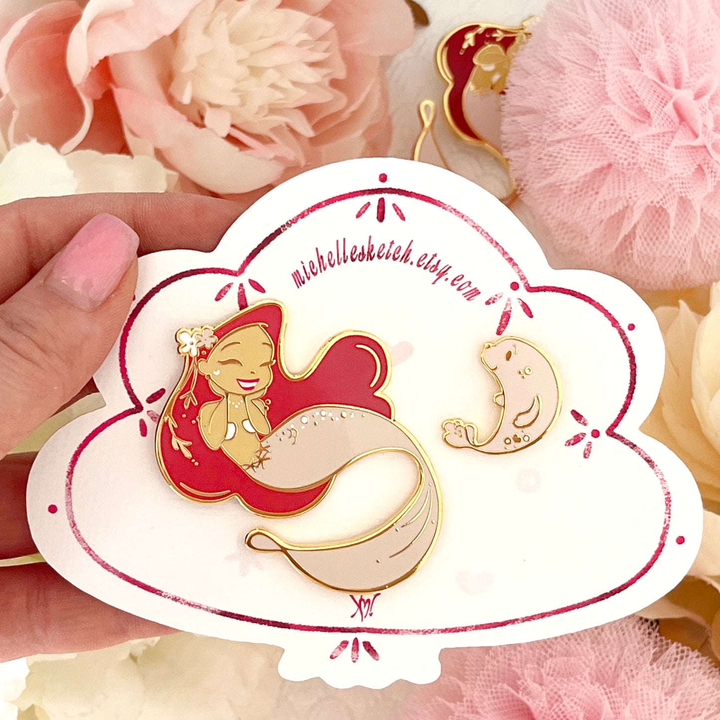 Pink Coral Tail Mermie Seal Friend Pin Set