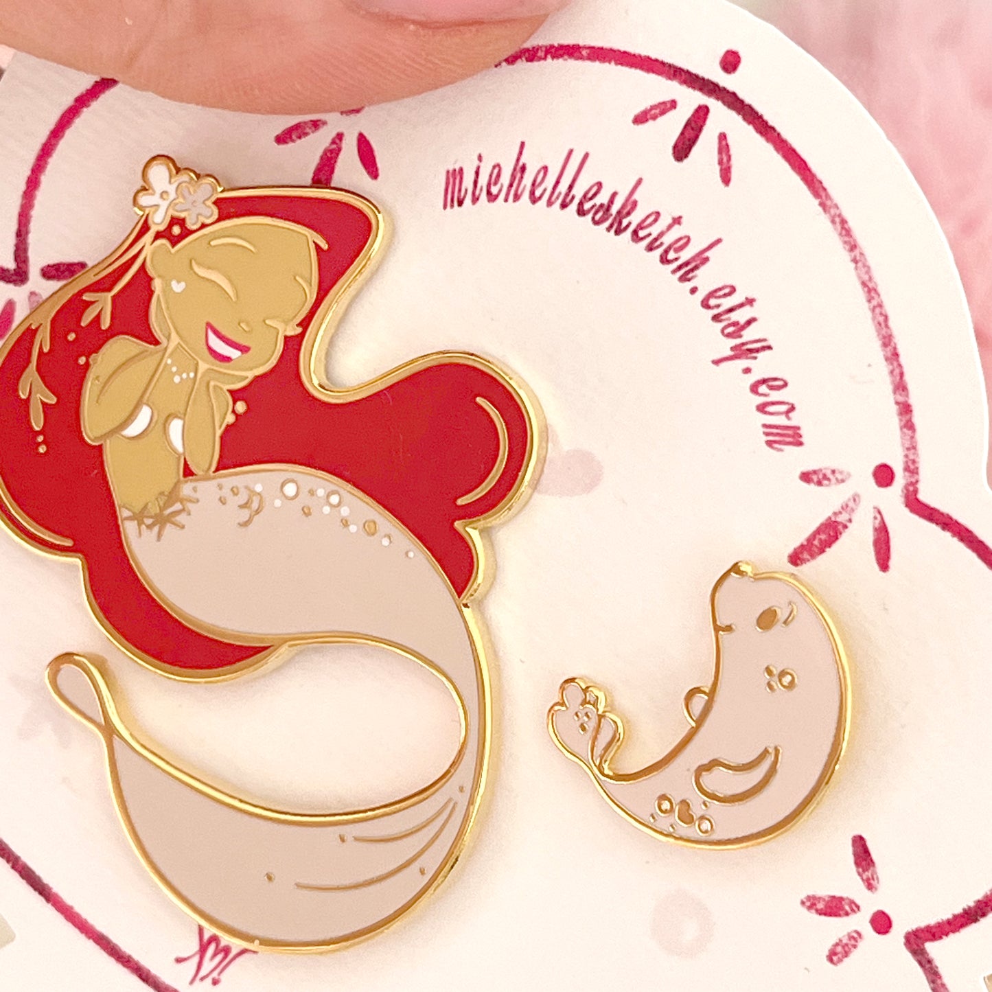 Pink Coral Tail Mermie Seal Friend Pin Set